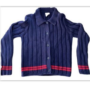 j crew retro cardigan navy blue red stripe collar Cotton